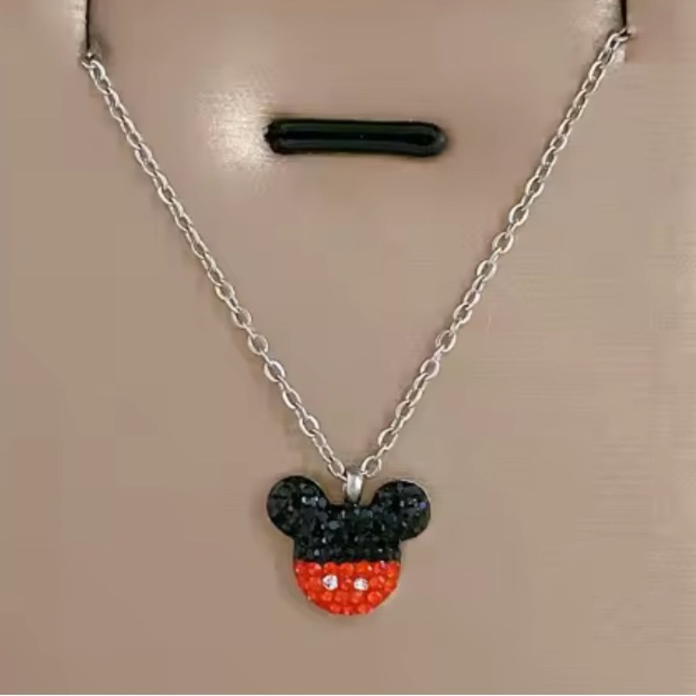 18K White Gold Mickey Mouse Theme Black & Red Crystal Adorned Necklace No Fade